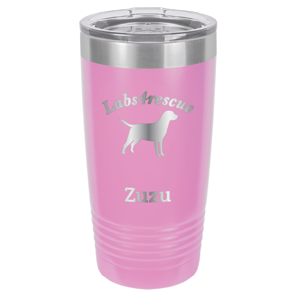 Light purple laser engraved 20 oz tumbler featuring the Labs4rescue logo and the name Zuzu.