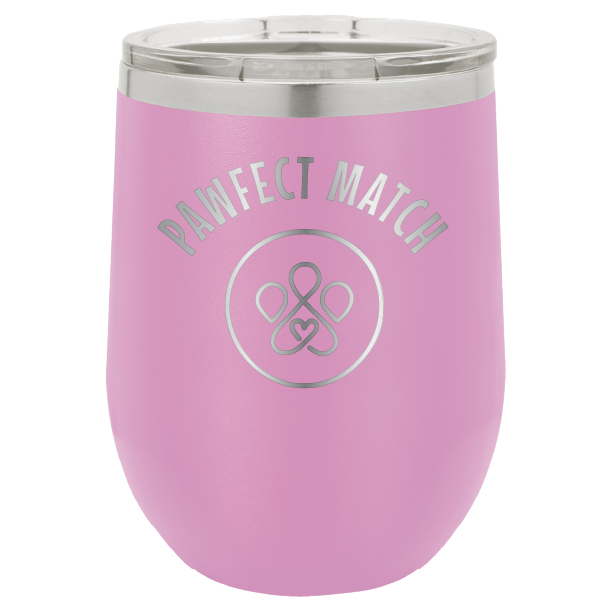 Light Purple laser engraved wine tumbler featuring the Pawfect March logo