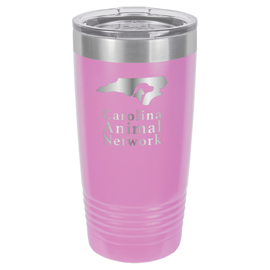 Light purple 20 ounce tumbler laser engraved tumbler featuring the Carolina Animal Network logo