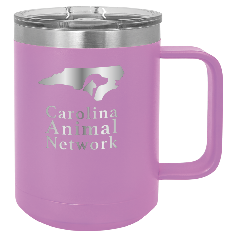 Light purple 15 oz coffee cup laser engraved  tumbler featuring the Carolina Animal Network logo