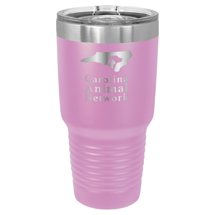 Light purple 30 oz tumbler laser engraved tumbler featuring the Carolina Animal Network logo