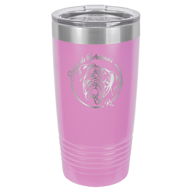 Light purple 20 ounce laser engraved  tumbler featuring the Dogue de Bordeaux Rescue, Inc. logo