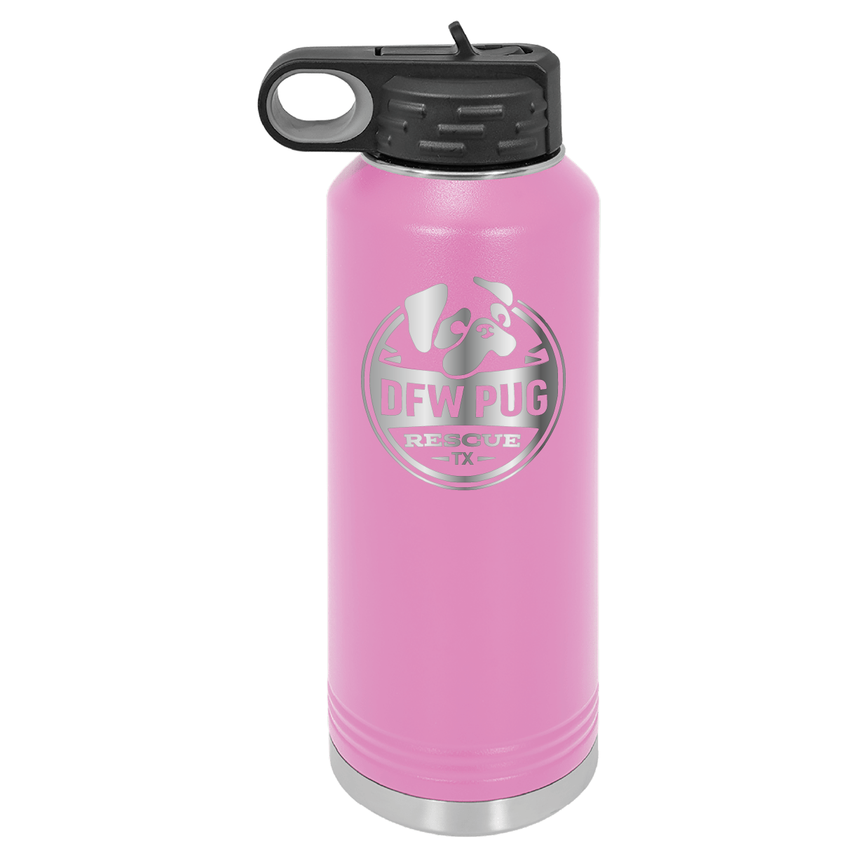 Light Purple laser engraved 40 oz water bottle featuring the DFW Pug Rescue logo