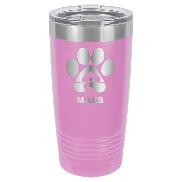 Light purple 20 ounce laser engraved tumbler with the Midwest Animal Rescue & Services (MARS) logo.
