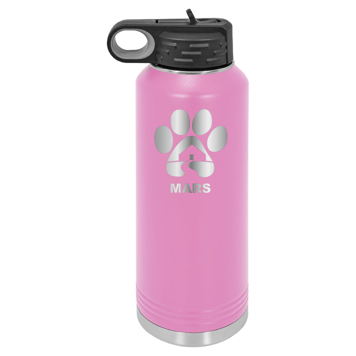 Light purple 40 ounce laser engraved water bottle, featuring the with the Midwest Animal Rescue & Services (MARS) logo