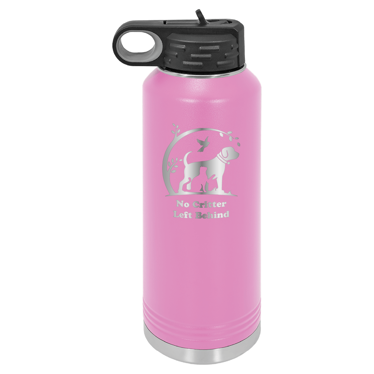 Light purple laser engraved 40 oz water bottle featuring the No Critter Left Behind logo