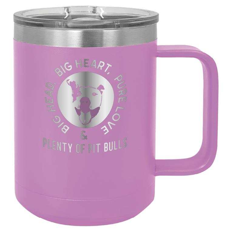 Light purple 15 oz coffee cup laser engraved featuring the Plenty of Pit Bulls logo
