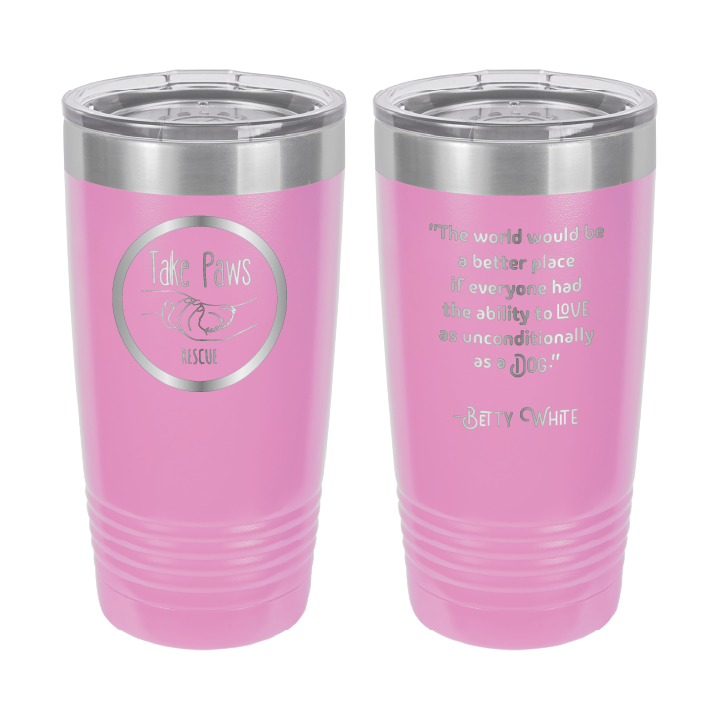 Light purple 20 ounce tumbler laser engraved tumbler featuring the Take Paws Rescue logo