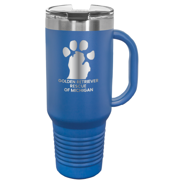 Royal Blue 40 Oz laser engraved tumbler featuring the Golden Retriever Rescue of Michigan (GRRoM) logo