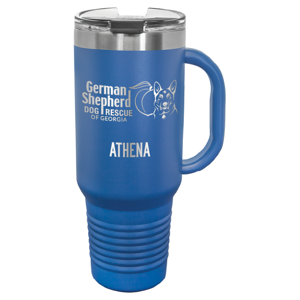 40 Oz travel tumbler, laser engraved with the logo of German Shepherd Dog Rescue of Georgia, in royal blue