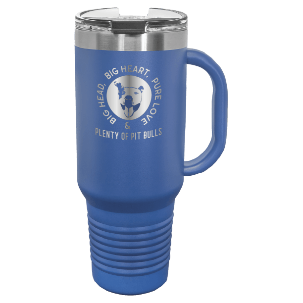 Royal blue 40 oz tumbler with handle laser engraved featuring the Plenty of Pit Bulls logo