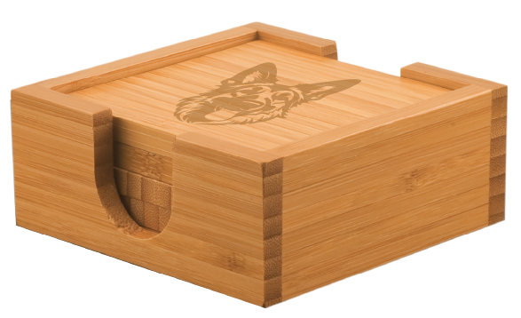 Square laser engraved German shepherd coaster in bamboo: set of 4 with holder