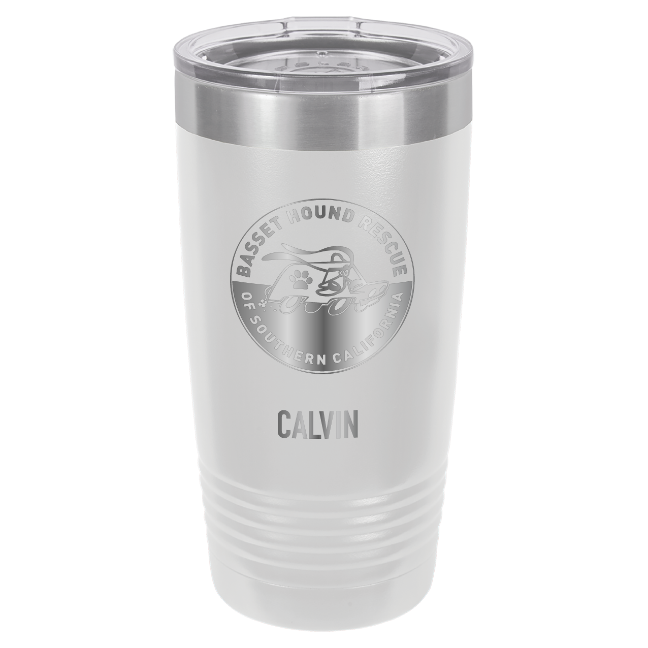 20 oz laser engraved Basset Hound Rescue of So Cal tumbler in white