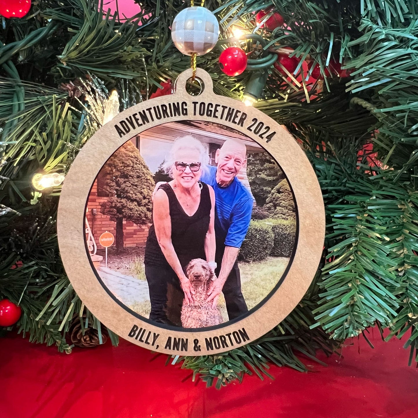 Round Personalized Acrylic Photo Ornaments with Engraved Wood Frame