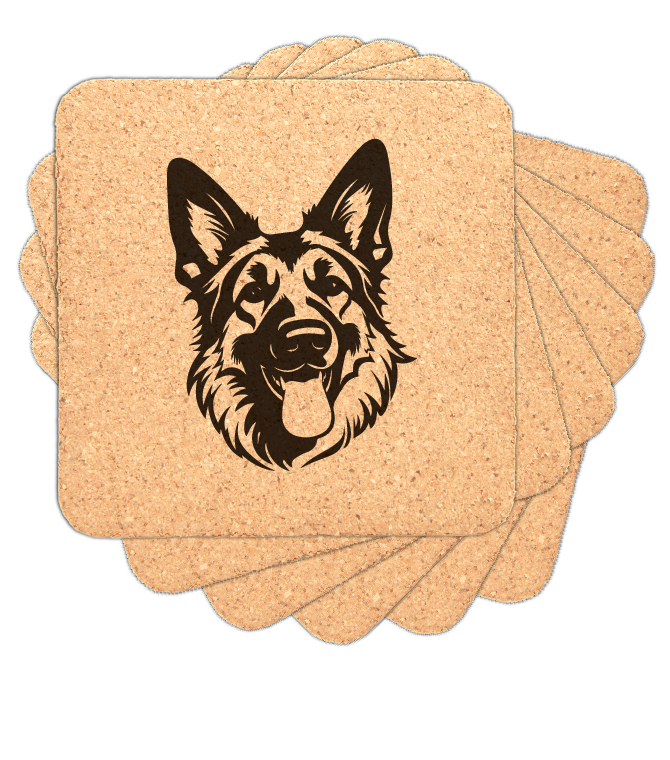 Square laser engraved German shepherd coaster in cork: set of 6