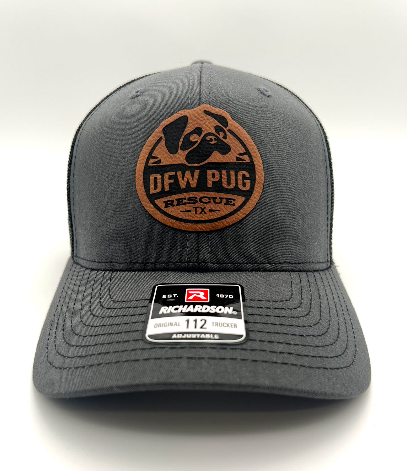Structured charcoal and Black patch hat featuring the DFW Pug Rescue logo on a brown and black patch.
