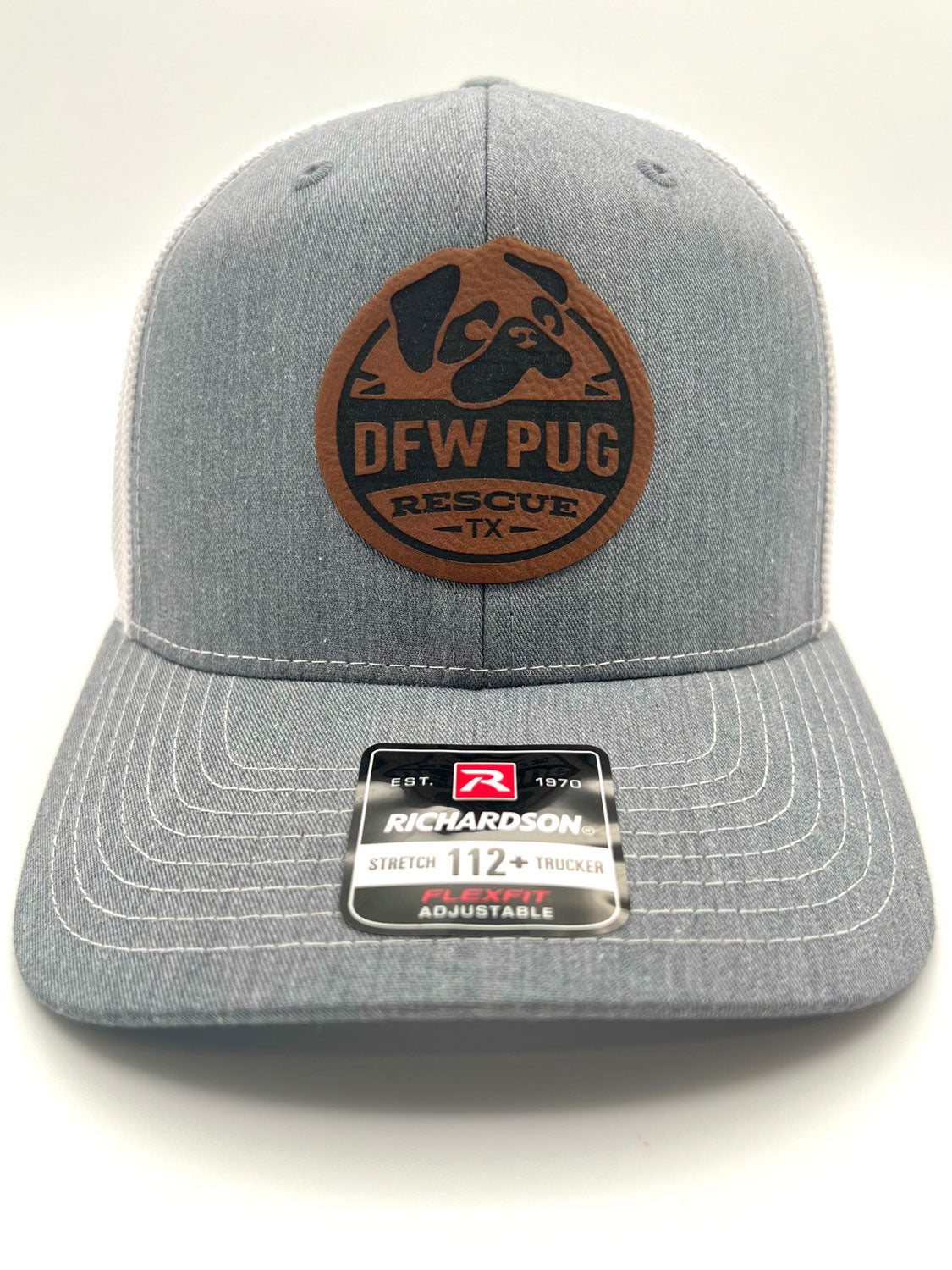 Structured heather gray and white patch hat featuring the DFW Pug Rescue logo on a brown and black patch.