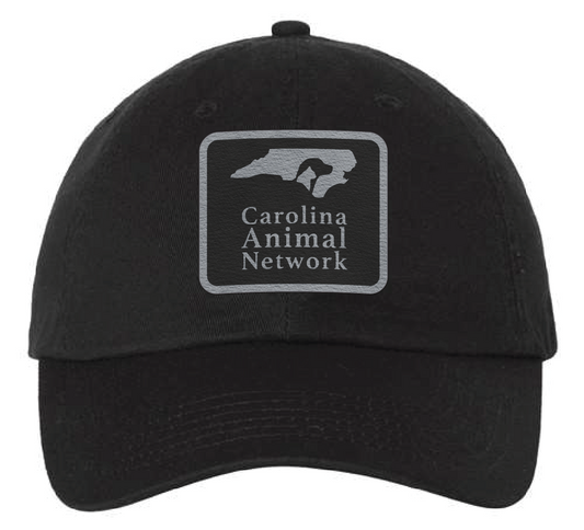 Black dad hat featuring the Carolina Animal Network logo in a black and silver leatherette patch. Front view.