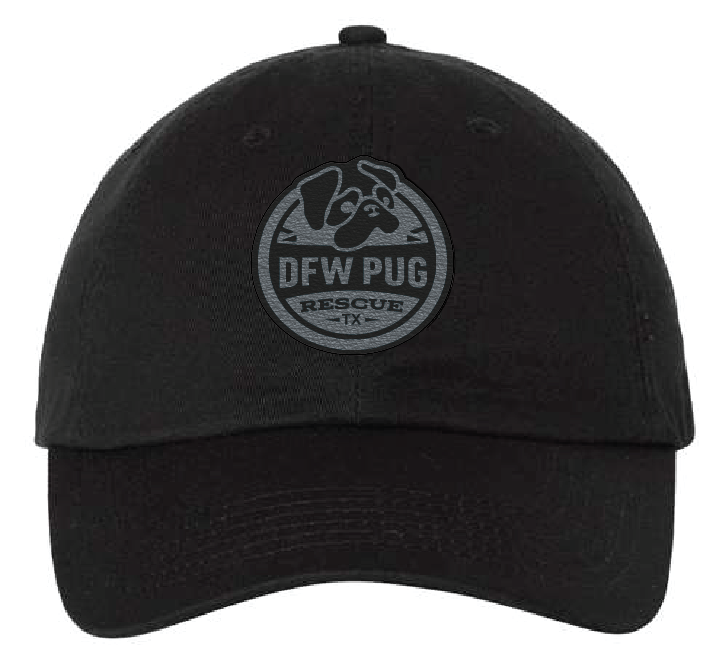 Unstructured black dad patch hat featuring the DFW Pug Rescue logo on a black and silver patch.