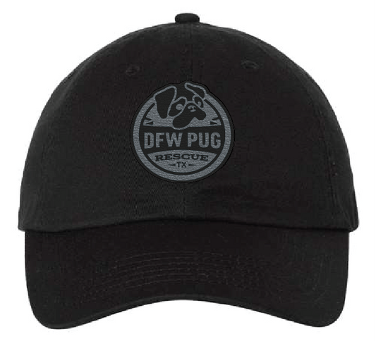 Unstructured black dad patch hat featuring the DFW Pug Rescue logo on a black and silver patch.