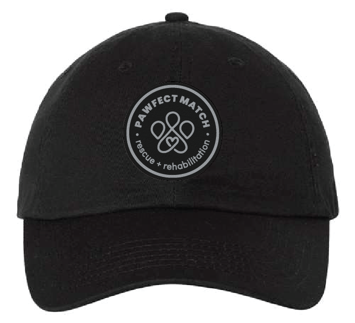 Unstructured dad hat in black, featuring the Pawfect Match revue logo on black leatherette with silver engrave