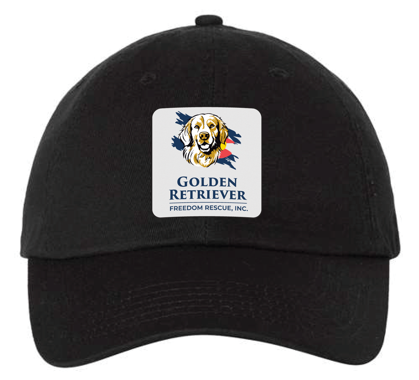Black dad hat featuring the Golden Retriever Freedom Rescuelogo in a full color leatherette patch. Front view.