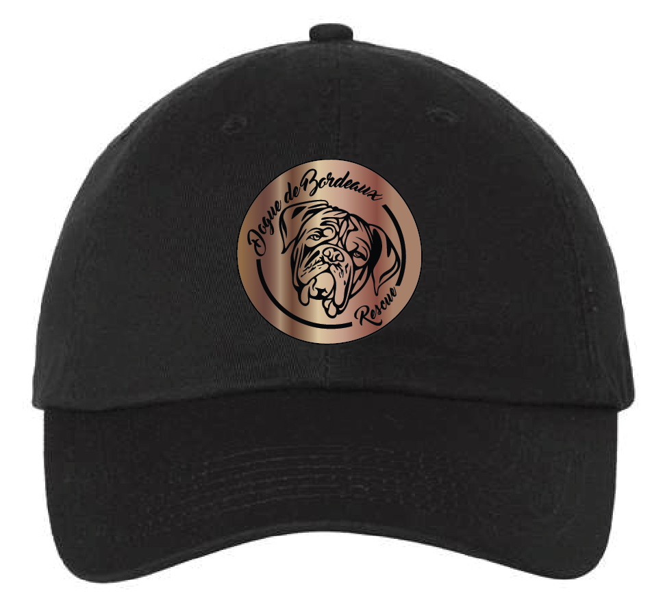 Black dad hat featuring the Dogue de Bordeaux Rescue logo in a copper and black acrylic patch. Front view.