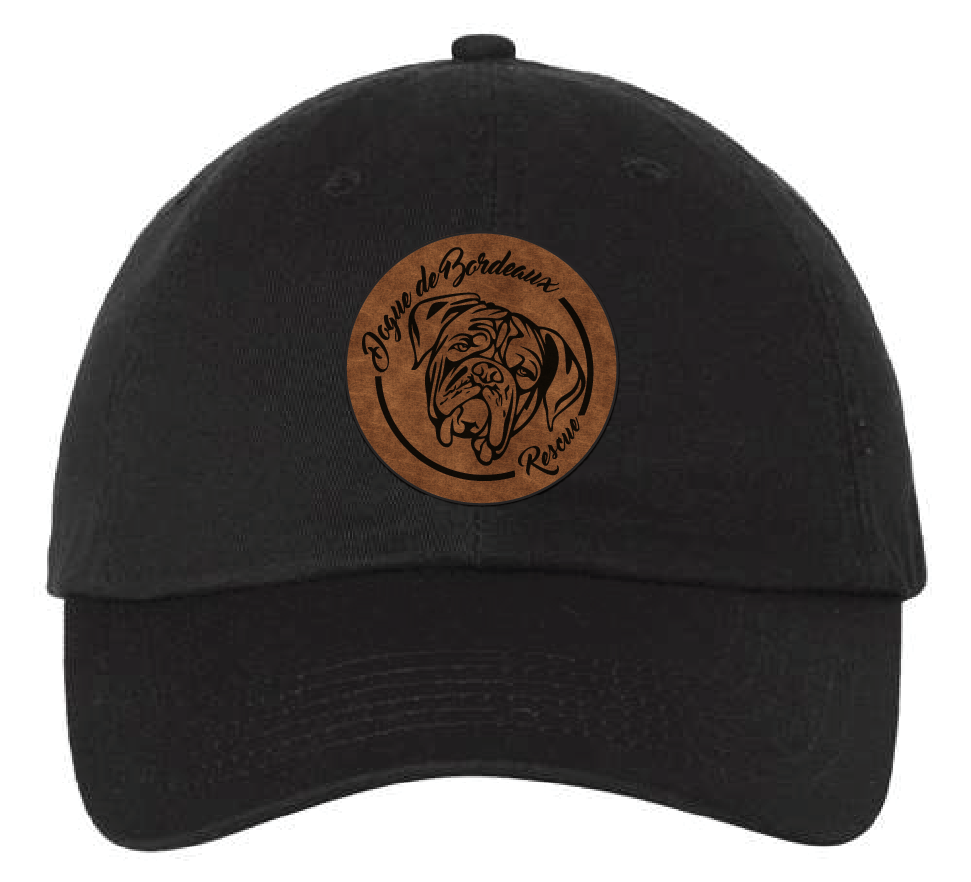 Black dad hat featuring the Dogue de Bordeaux Rescue logo in a brown and black leatherette patch. Front view.