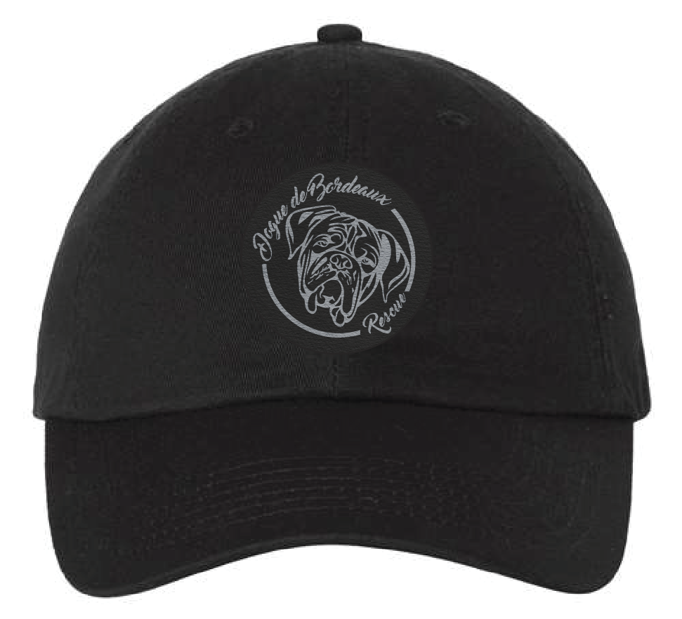 Black dad hat featuring the Dogue de Bordeaux Rescue logo in a black and silver leatherette patch. Front view.
