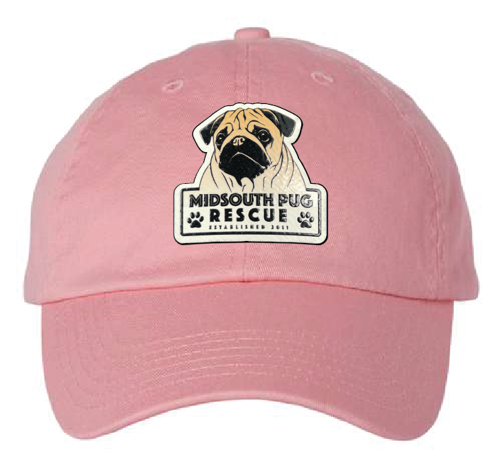 Pink Dad hat with the MidSouth Pug Rescue logo printed in full color