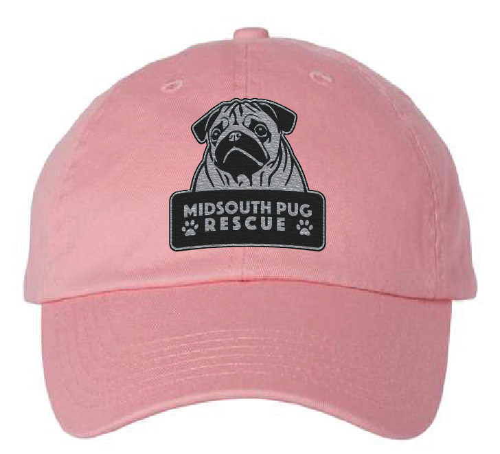 Pink Dad hat with the MidSouth Pug Rescue logo in silver and black