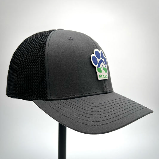 Midwest Animal Rescue & Services charcoal and black trucker hat with a full color patch.