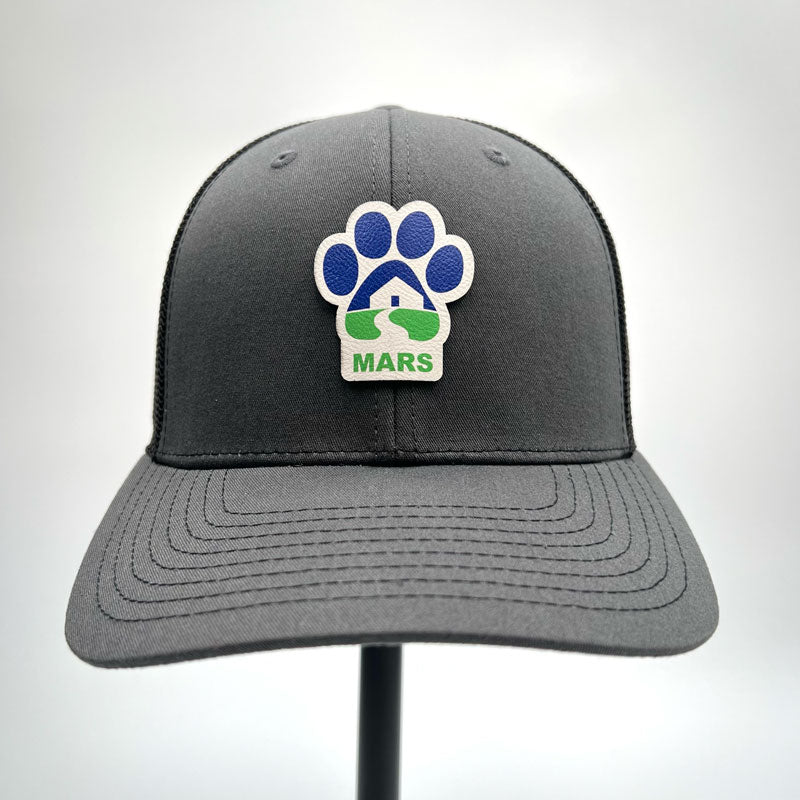 Midwest Animal Rescue & Services charcoal and black trucker hat with a full color patch.