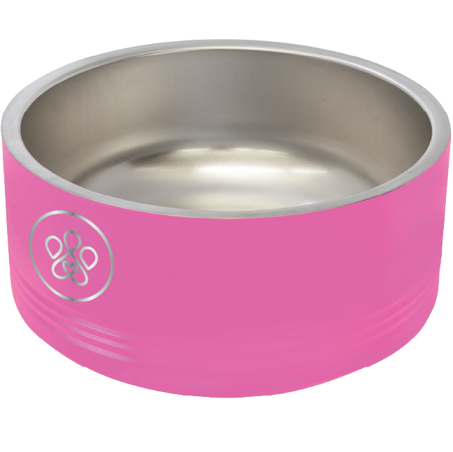 Medium pink laser engraved Pet bowl featuring the Pawfect Match logo