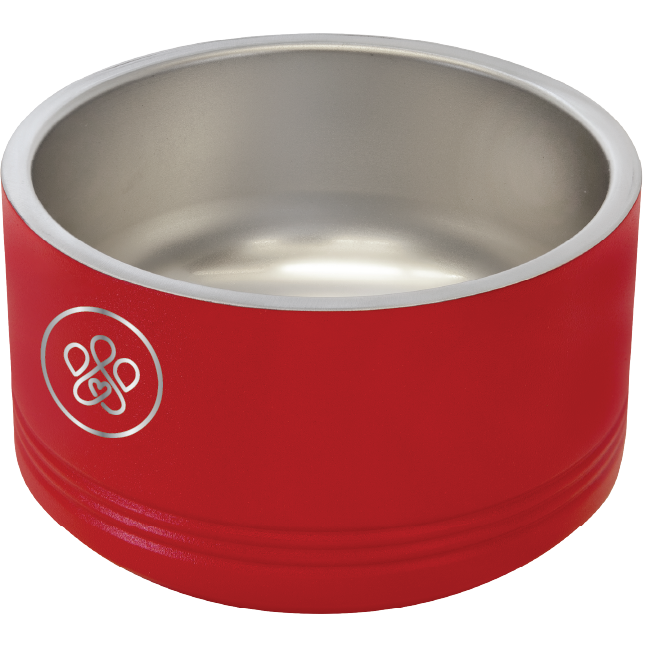 Small red laser engraved Pet bowl featuring the Pawfect Match logo