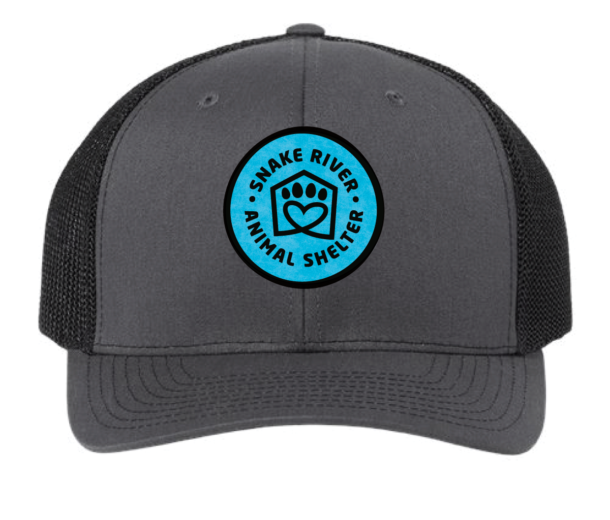 Black/Charcoal Snake River Animal Shelter trucker patch hat with black and light blue patch.