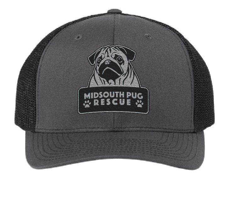 Charcoal and Black Trucker Cap with the MidSouth Pug Rescue logo in silver and black