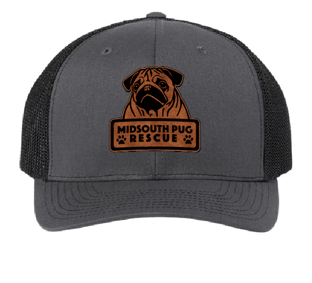 MidSouth Pug Rescue Trucker Patch Hat (Charcoal/Black Hat, Brown/Black Patch)