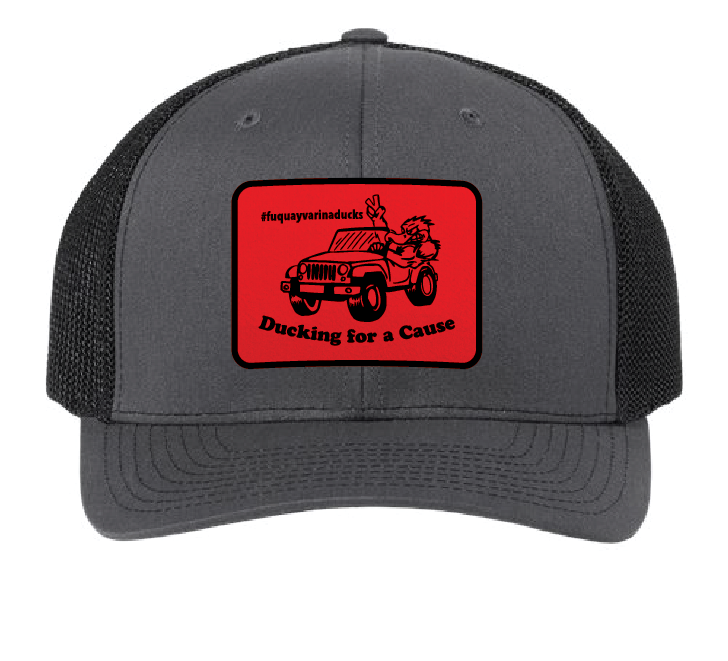 Fuquay Varina Jeep Club Trucker Patch Hat (Charcoal/Black Hat, Red/Black Patch)