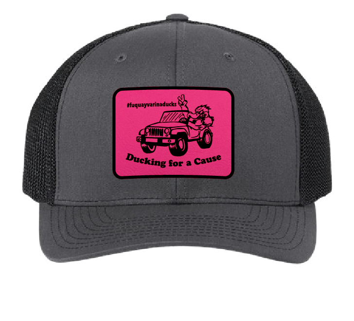 Fuquay Varina Jeep Club Trucker Patch Hat (Charcoal/Black Hat, Pink/Black Patch)