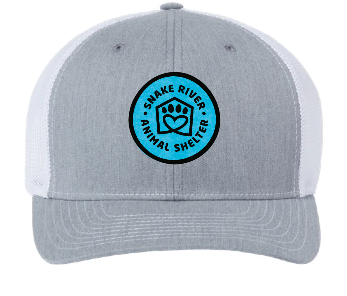 Heather gray/White Snake River Animal Shelter trucker patch hat with light blue/black patch.