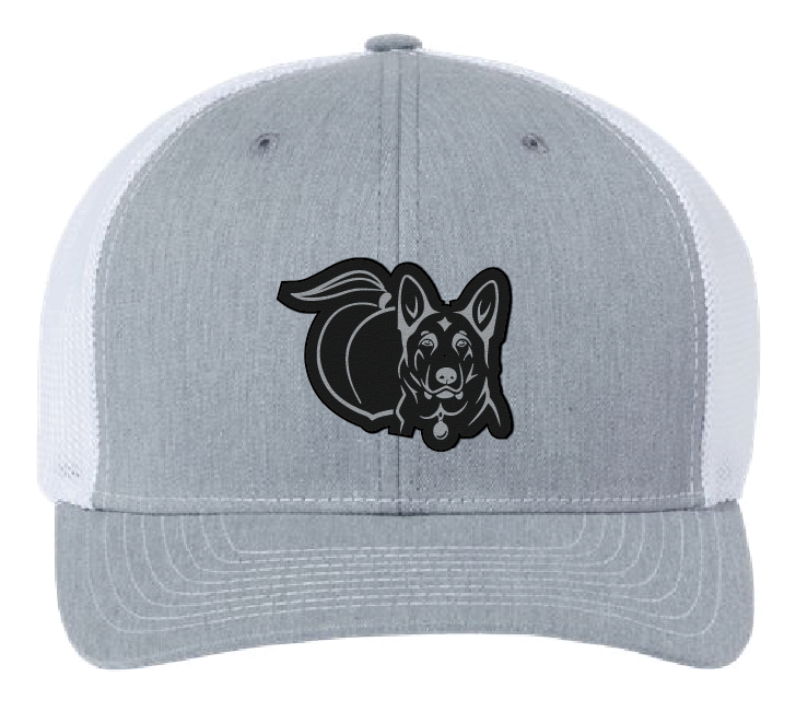 White and Gray trucker hat with peach and German Shepherd black and silver patch.