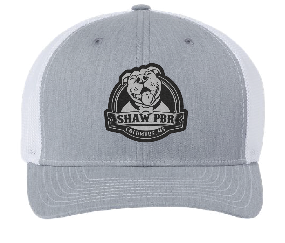 Heather gray and white Shaw Pit Bull Rescue trucker hat. Black patch engraved to silver.