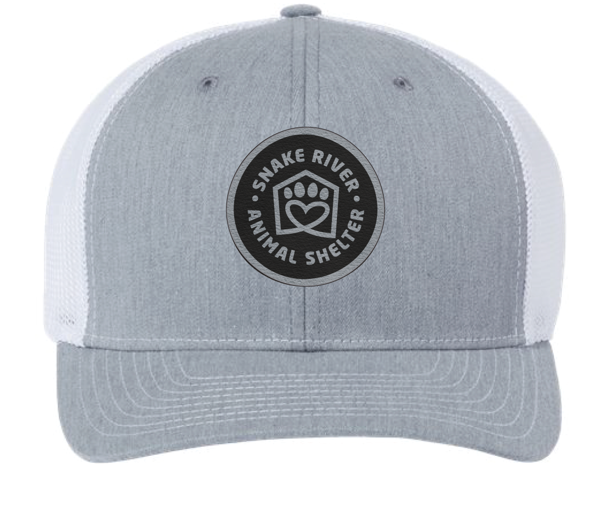 Heather gray/White Snake River Animal Shelter trucker patch hat with black and silver patch.