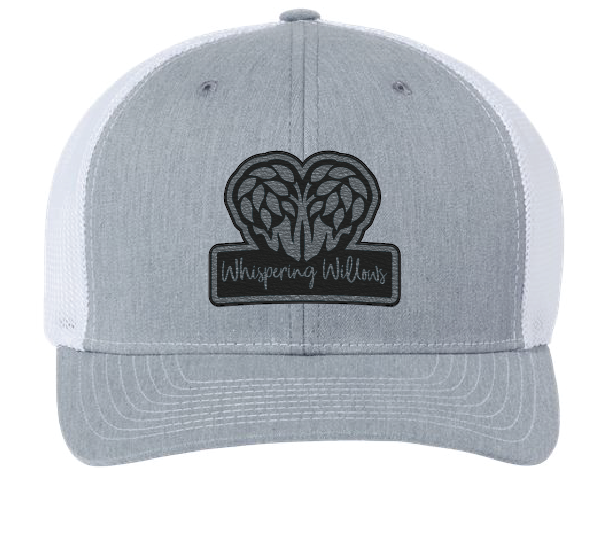 Gray and White trucker hat with the Whispering Willows logo in black and silver