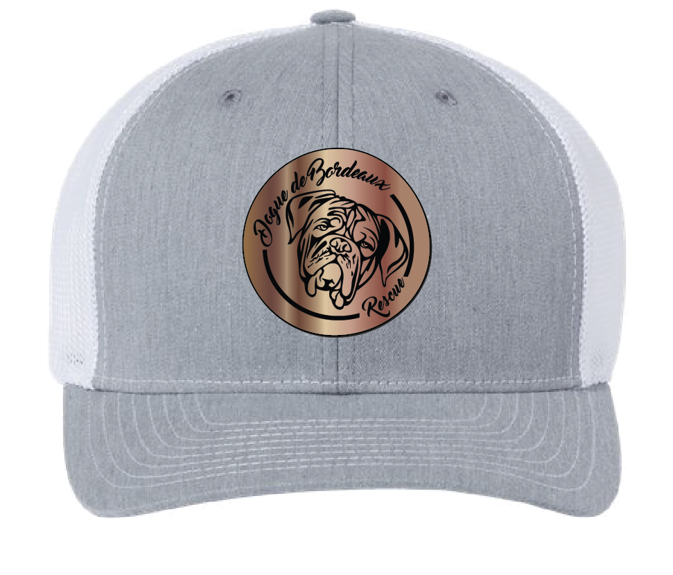 Heather gray/white trucker hat featuring the Dogue de Bordeaux Rescue, Inc. logo in a two tone acrylic patch. Front view.