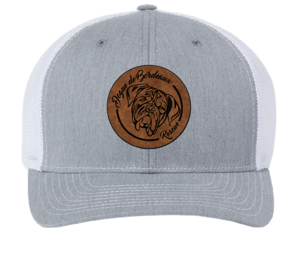 Heather gray/white trucker hat featuring the Dogue de Bordeaux Rescue, Inc. logo in a brown/black leatherette patch. Front view.