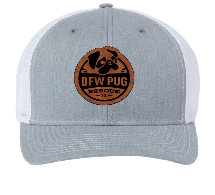 Structured heather gray and white patch hat featuring the DFW Pug Rescue logo on a brown and black patch.