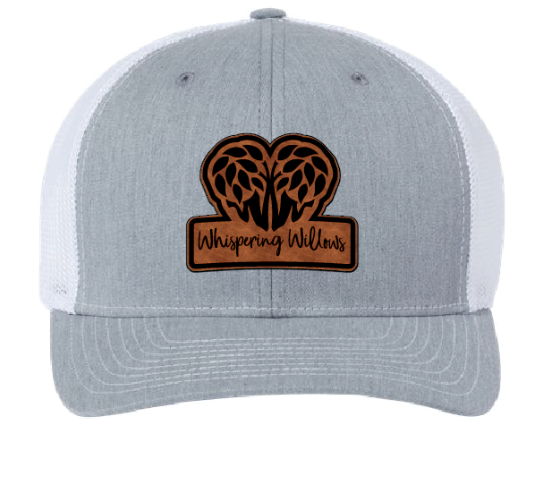 Gray and White trucker hats with the Whispering Willows logo in brown and black