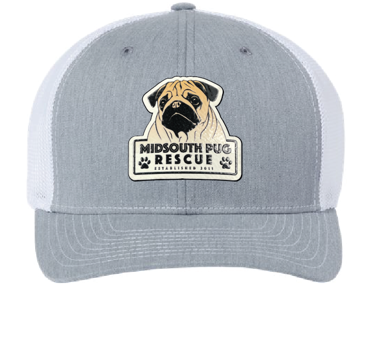 Gray and White trucker hat with the MidSouth Pug Rescue logo printed in full color